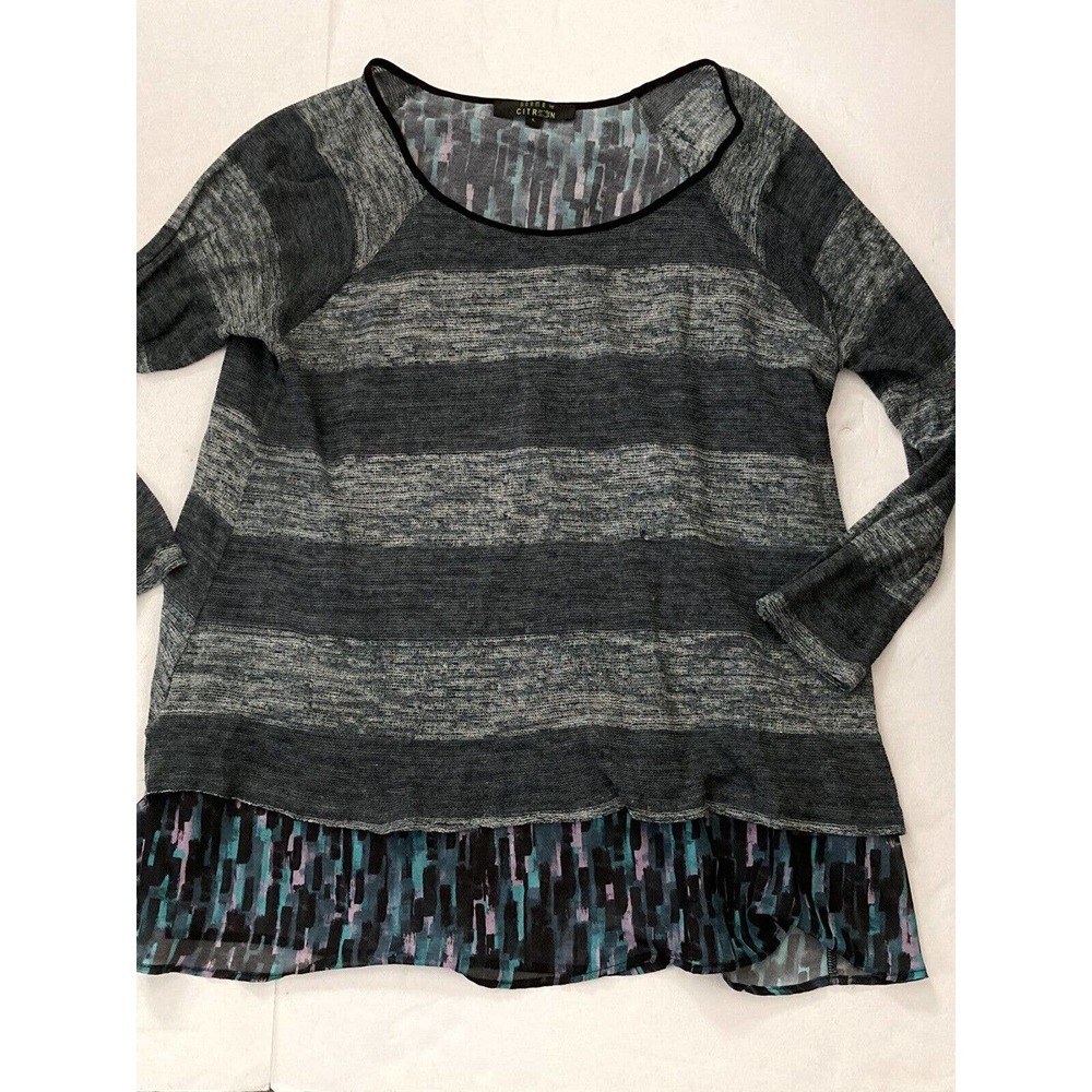 CITRON Poeme •L• Layered Mixed Media Tunic Top Long Sleeve Striped Sweater